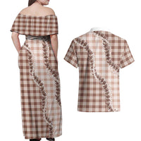 Beige Hawaii Palaka Couples Matching Off Shoulder Maxi Dress and Hawaiian Shirt Hawaiian Pikake Lei