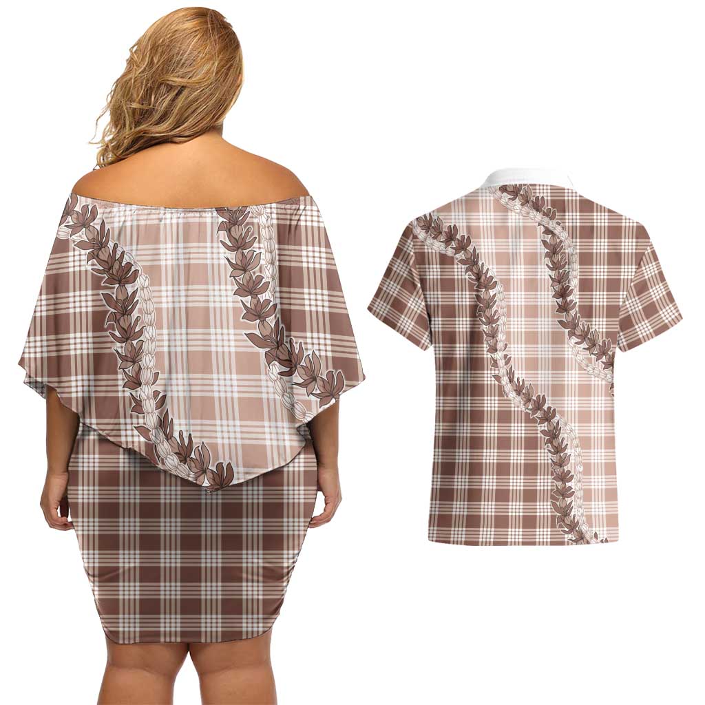 Beige Hawaii Palaka Couples Matching Off Shoulder Short Dress and Hawaiian Shirt Hawaiian Pikake Lei