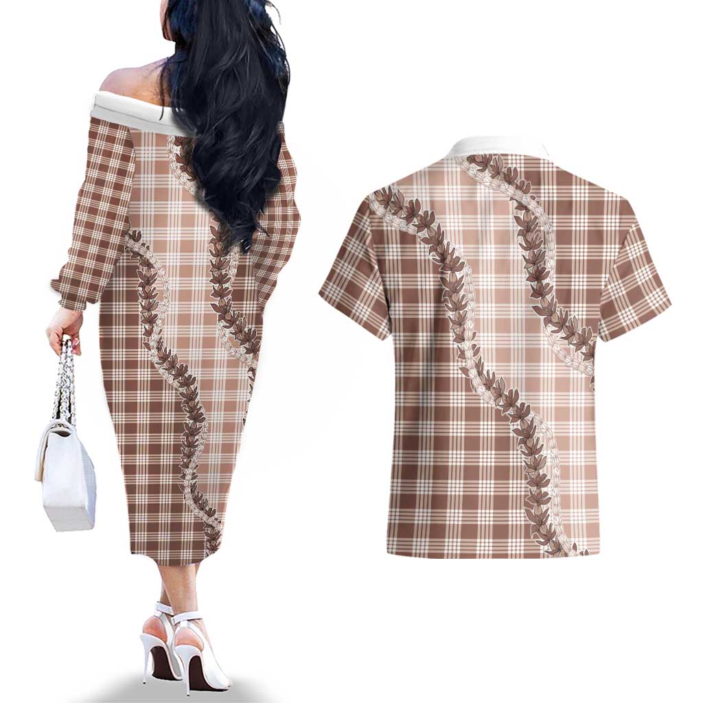 Beige Hawaii Palaka Couples Matching Off The Shoulder Long Sleeve Dress and Hawaiian Shirt Hawaiian Pikake Lei