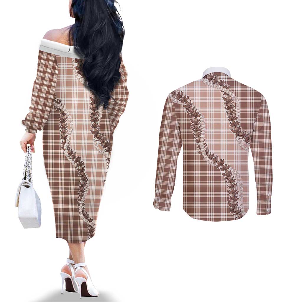 Beige Hawaii Palaka Couples Matching Off The Shoulder Long Sleeve Dress and Long Sleeve Button Shirt Hawaiian Pikake Lei