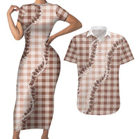 Beige Hawaii Palaka Couples Matching Short Sleeve Bodycon Dress and Hawaiian Shirt Hawaiian Pikake Lei