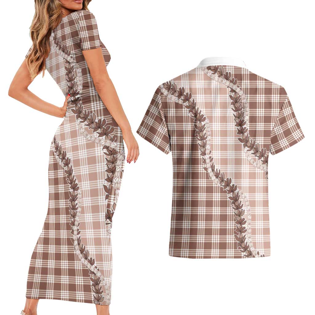 Beige Hawaii Palaka Couples Matching Short Sleeve Bodycon Dress and Hawaiian Shirt Hawaiian Pikake Lei
