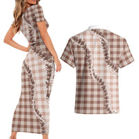 Beige Hawaii Palaka Couples Matching Short Sleeve Bodycon Dress and Hawaiian Shirt Hawaiian Pikake Lei