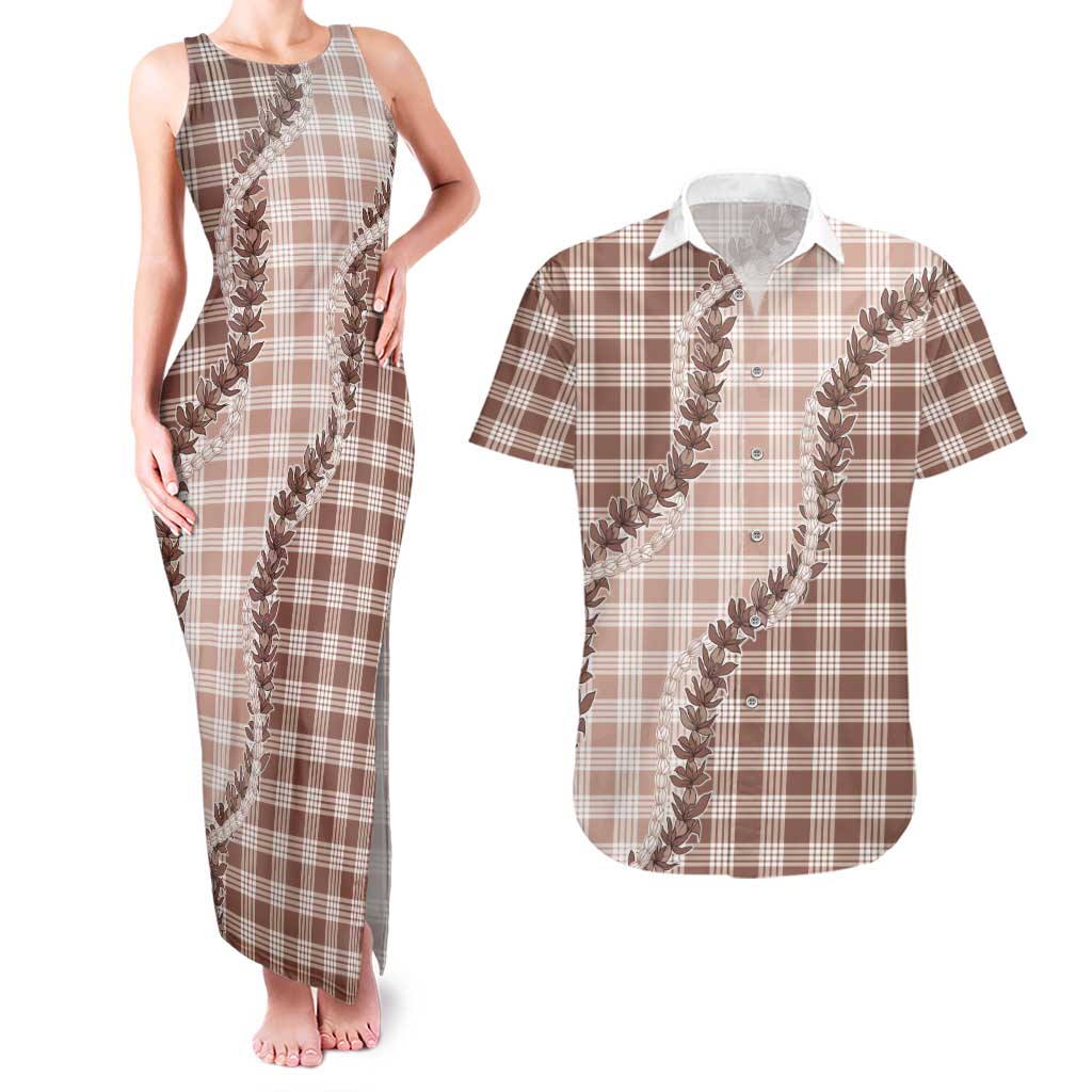Beige Hawaii Palaka Couples Matching Tank Maxi Dress and Hawaiian Shirt Hawaiian Pikake Lei