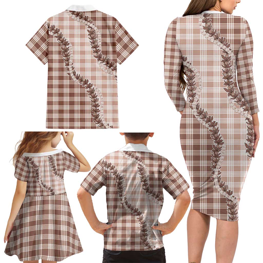 Beige Hawaii Palaka Family Matching Long Sleeve Bodycon Dress and Hawaiian Shirt Hawaiian Pikake Lei
