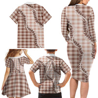 Beige Hawaii Palaka Family Matching Long Sleeve Bodycon Dress and Hawaiian Shirt Hawaiian Pikake Lei