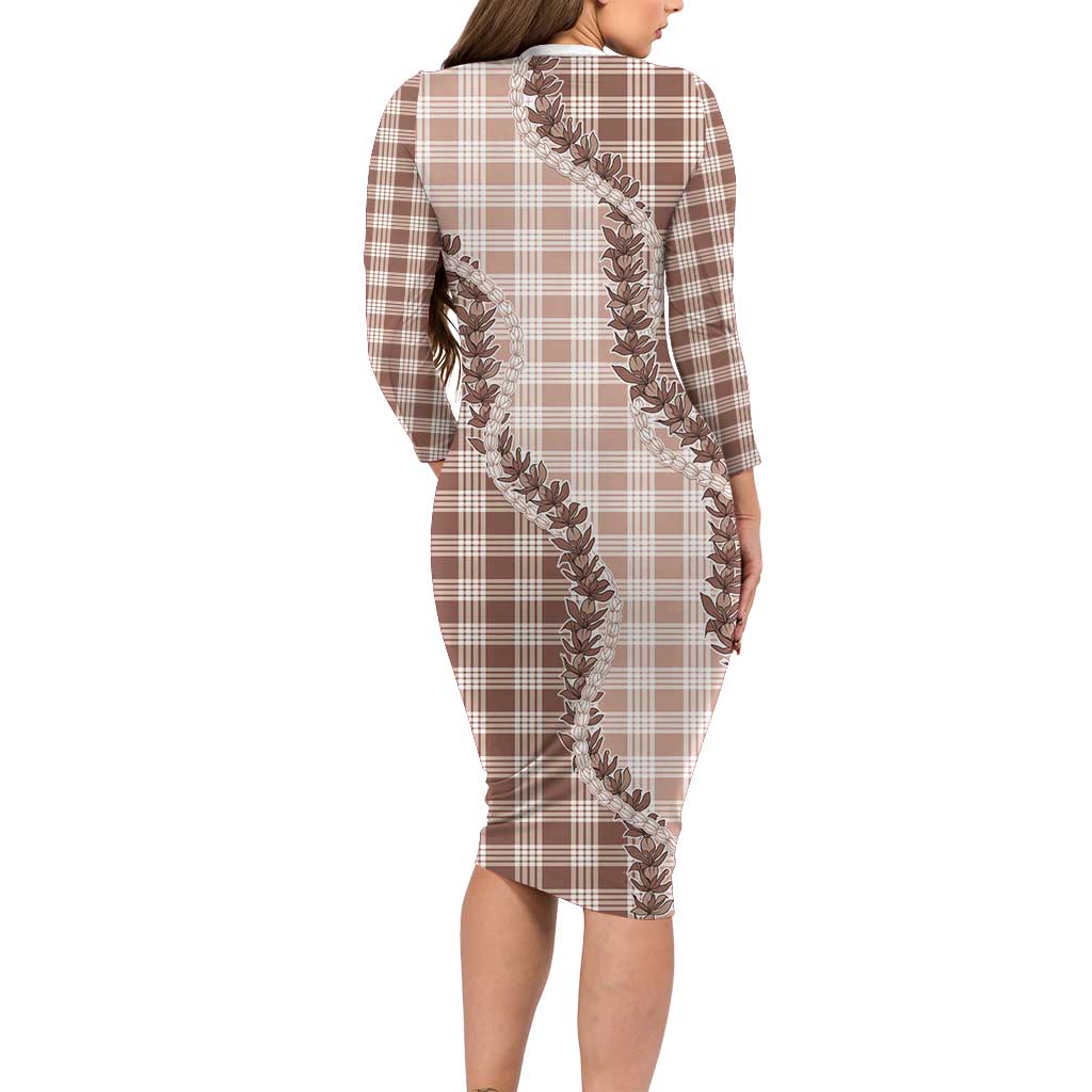 Beige Hawaii Palaka Family Matching Long Sleeve Bodycon Dress and Hawaiian Shirt Hawaiian Pikake Lei