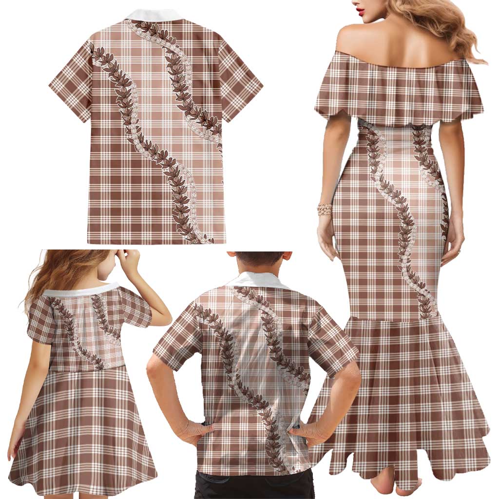 Beige Hawaii Palaka Family Matching Mermaid Dress and Hawaiian Shirt Hawaiian Pikake Lei