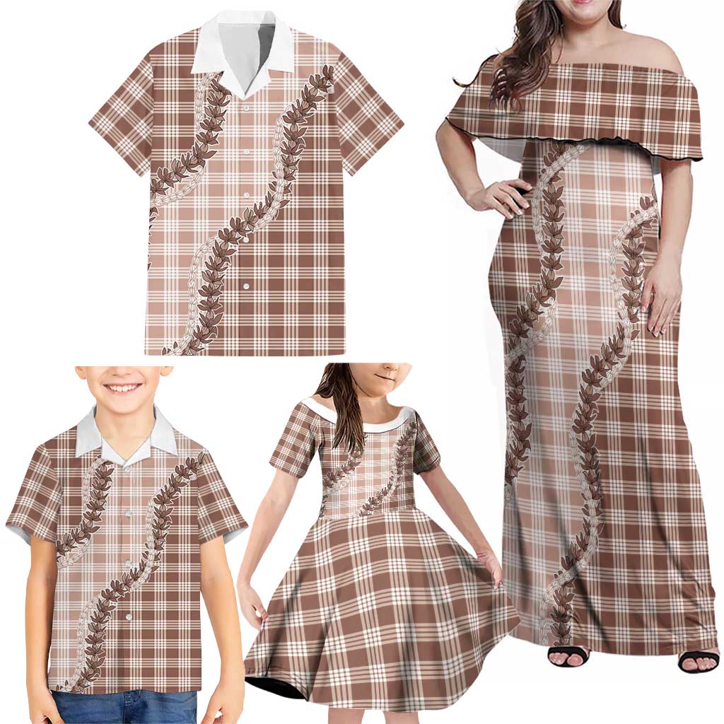 Beige Hawaii Palaka Family Matching Off Shoulder Maxi Dress and Hawaiian Shirt Hawaiian Pikake Lei