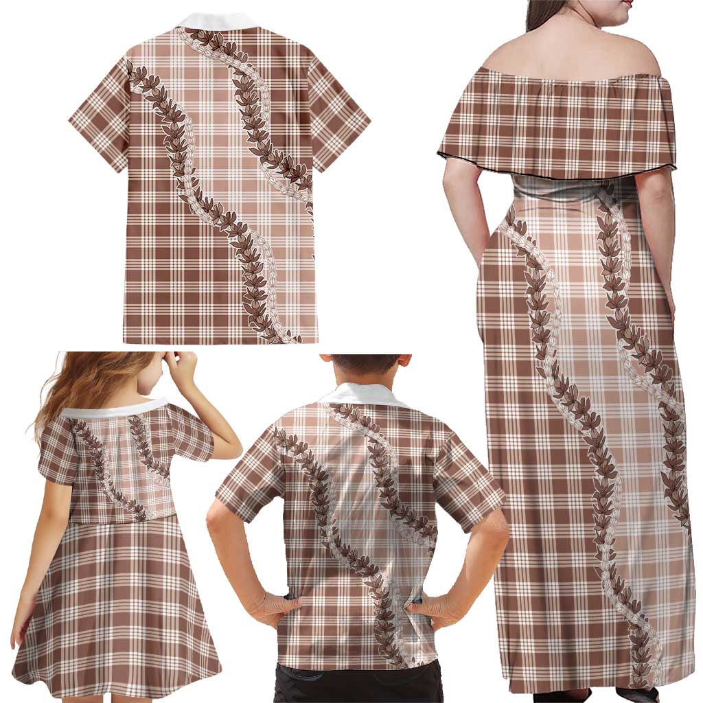 Beige Hawaii Palaka Family Matching Off Shoulder Maxi Dress and Hawaiian Shirt Hawaiian Pikake Lei