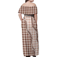Beige Hawaii Palaka Family Matching Off Shoulder Maxi Dress and Hawaiian Shirt Hawaiian Pikake Lei