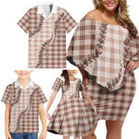 Beige Hawaii Palaka Family Matching Off Shoulder Short Dress and Hawaiian Shirt Hawaiian Pikake Lei