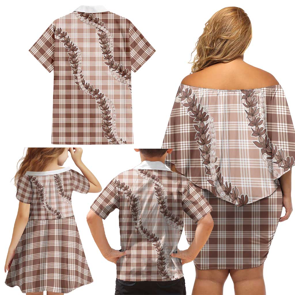 Beige Hawaii Palaka Family Matching Off Shoulder Short Dress and Hawaiian Shirt Hawaiian Pikake Lei