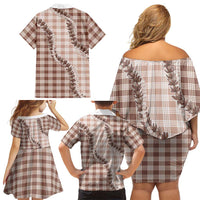 Beige Hawaii Palaka Family Matching Off Shoulder Short Dress and Hawaiian Shirt Hawaiian Pikake Lei