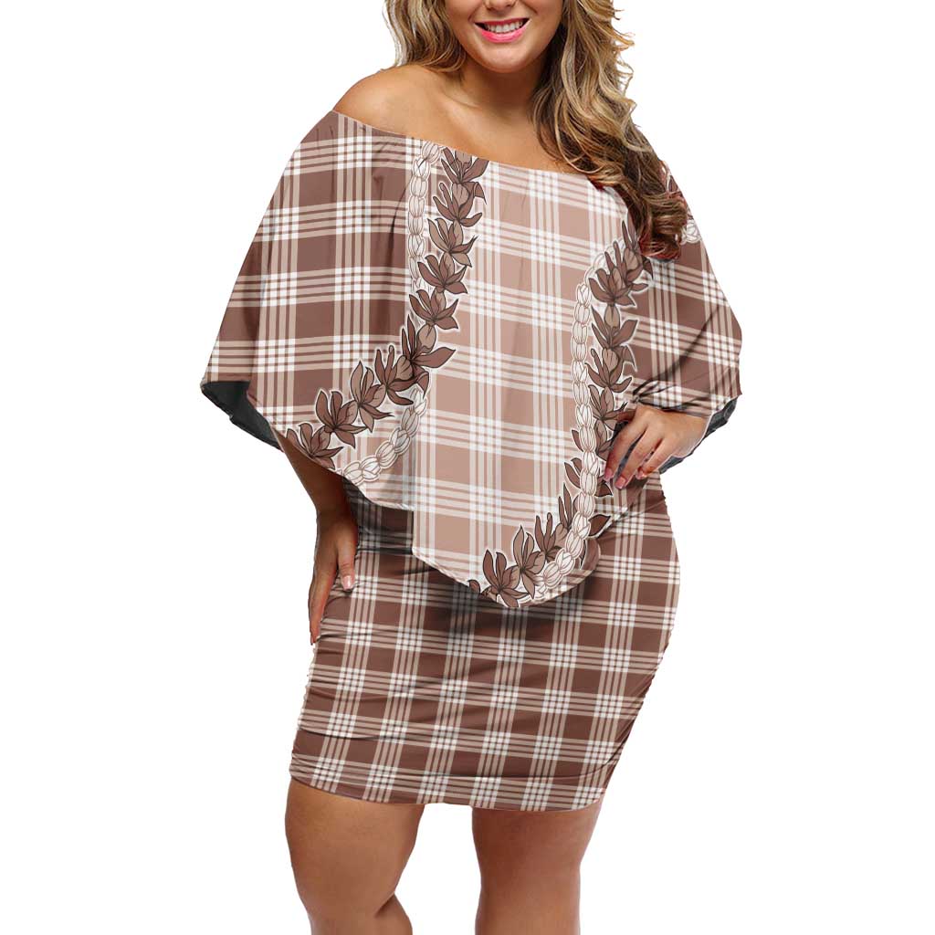Beige Hawaii Palaka Family Matching Off Shoulder Short Dress and Hawaiian Shirt Hawaiian Pikake Lei