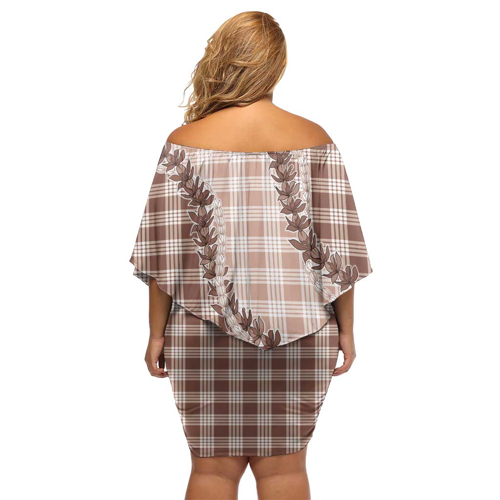 Beige Hawaii Palaka Family Matching Off Shoulder Short Dress and Hawaiian Shirt Hawaiian Pikake Lei