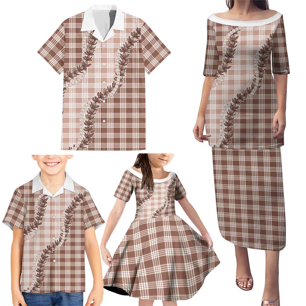 Beige Hawaii Palaka Family Matching Puletasi and Hawaiian Shirt Hawaiian Pikake Lei
