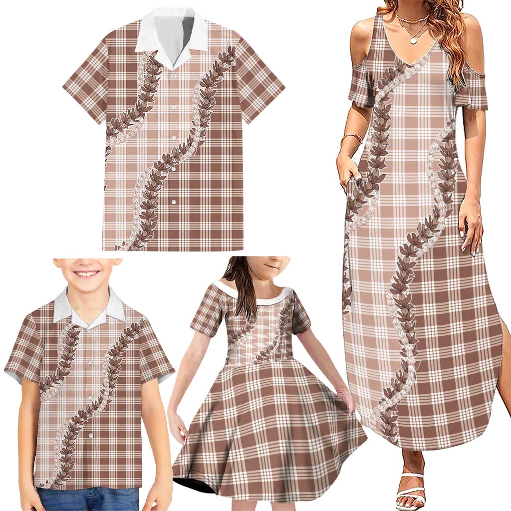 Beige Hawaii Palaka Family Matching Summer Maxi Dress and Hawaiian Shirt Hawaiian Pikake Lei