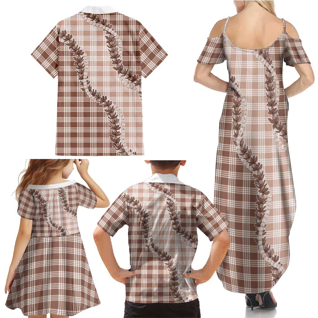 Beige Hawaii Palaka Family Matching Summer Maxi Dress and Hawaiian Shirt Hawaiian Pikake Lei