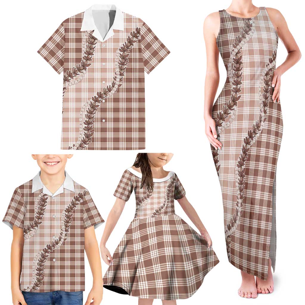 Beige Hawaii Palaka Family Matching Tank Maxi Dress and Hawaiian Shirt Hawaiian Pikake Lei