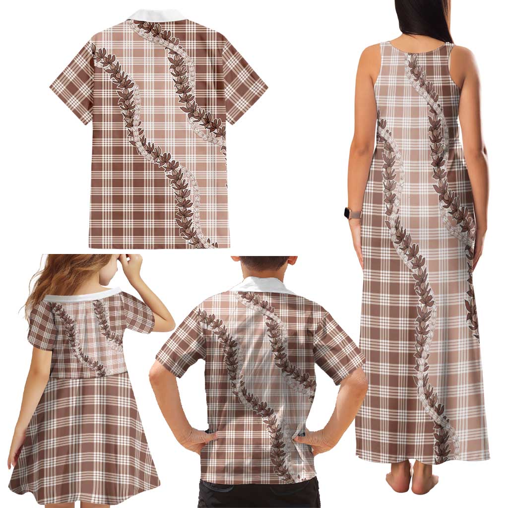 Beige Hawaii Palaka Family Matching Tank Maxi Dress and Hawaiian Shirt Hawaiian Pikake Lei