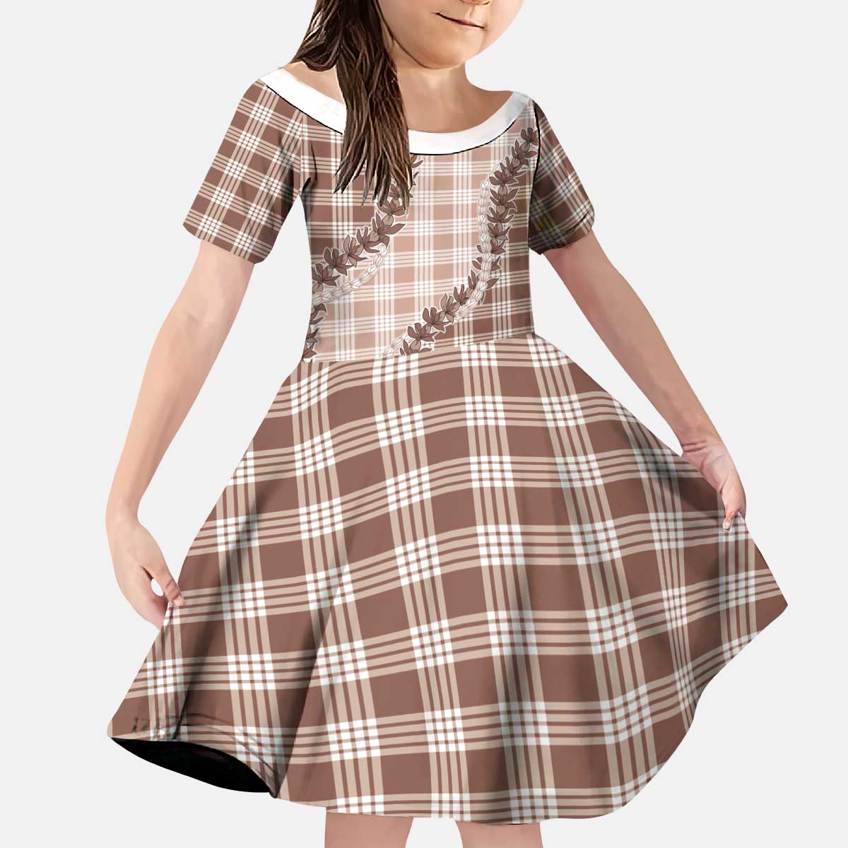 Beige Hawaii Palaka Kid Short Sleeve Dress Hawaiian Pikake Lei LT05 KID Beige - Polynesian Pride