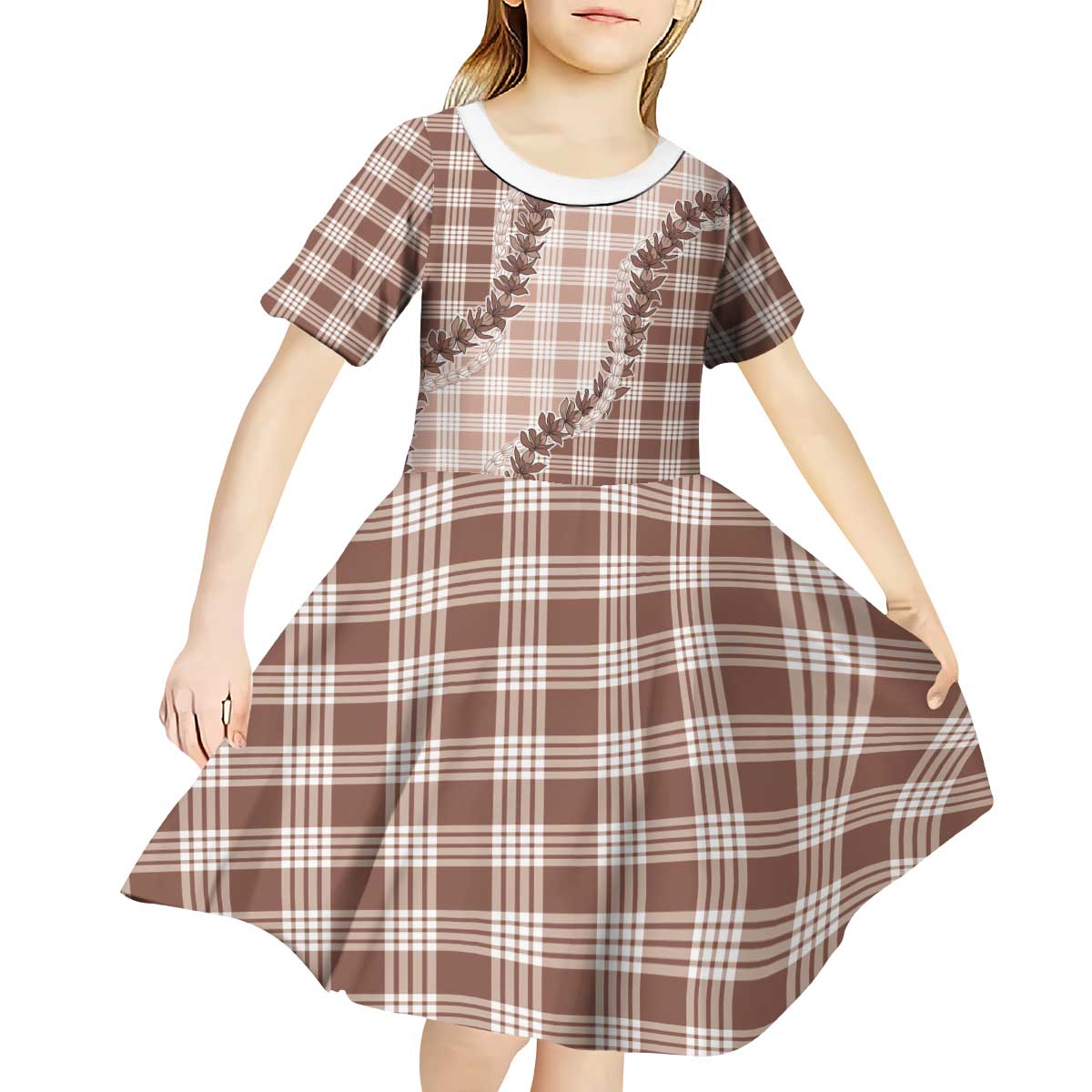 Beige Hawaii Palaka Kid Short Sleeve Dress Hawaiian Pikake Lei LT05 - Polynesian Pride