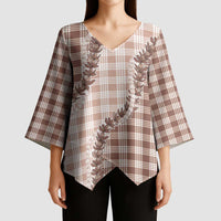 Beige Hawaii Palaka Kimono Sleeve Blouse Hawaiian Pikake Lei