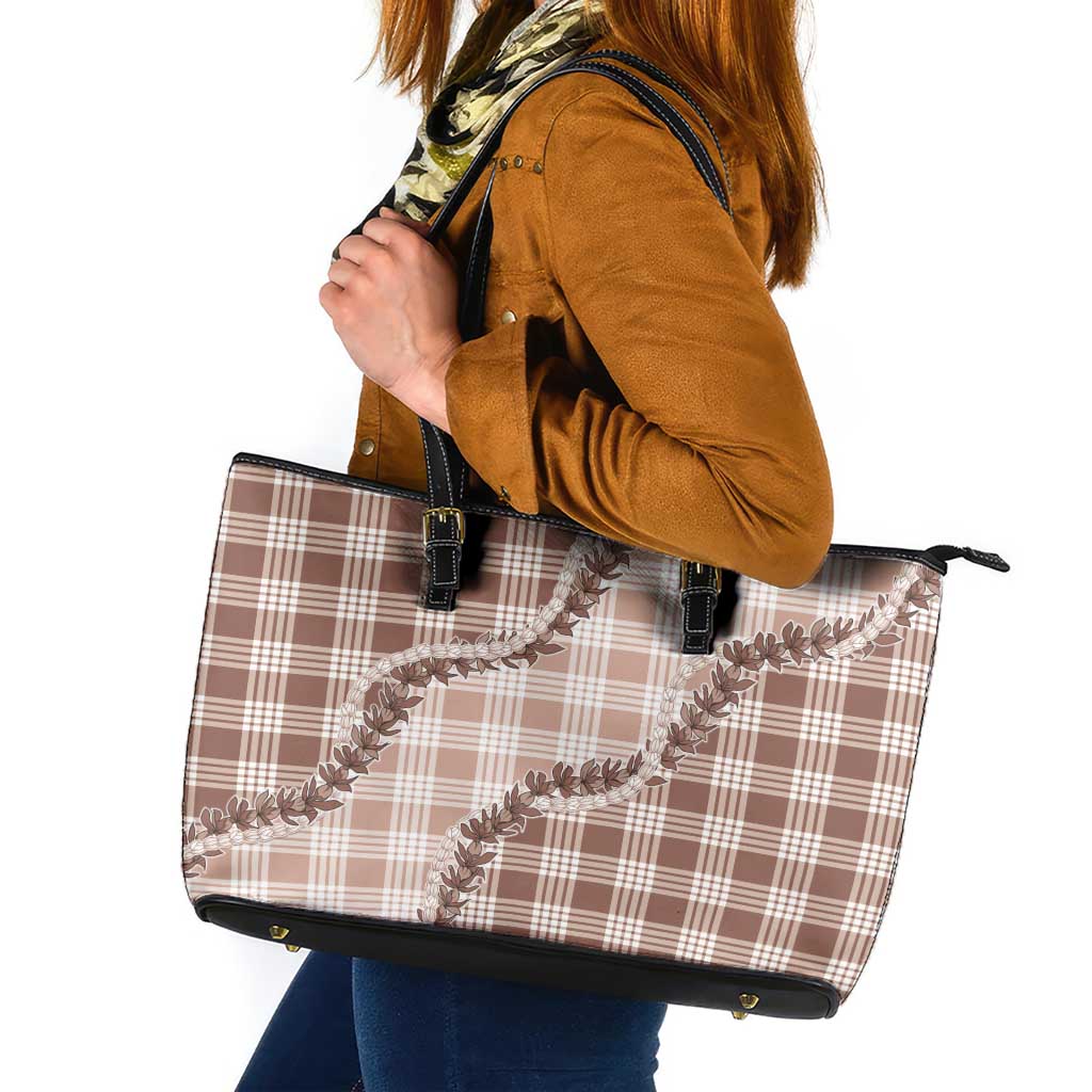 Beige Hawaii Palaka Leather Tote Bag Hawaiian Pikake Lei