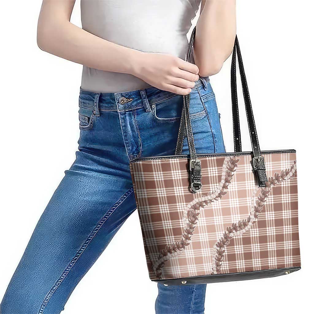 Beige Hawaii Palaka Leather Tote Bag Hawaiian Pikake Lei