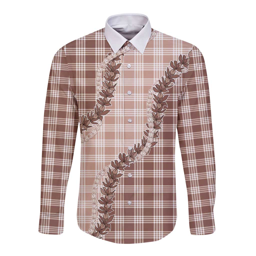 Beige Hawaii Palaka Long Sleeve Button Shirt Hawaiian Pikake Lei