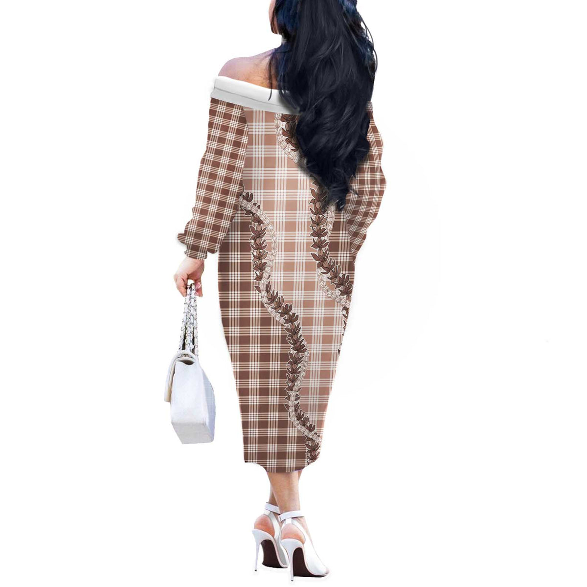 Beige Hawaii Palaka Off The Shoulder Long Sleeve Dress Hawaiian Pikake Lei