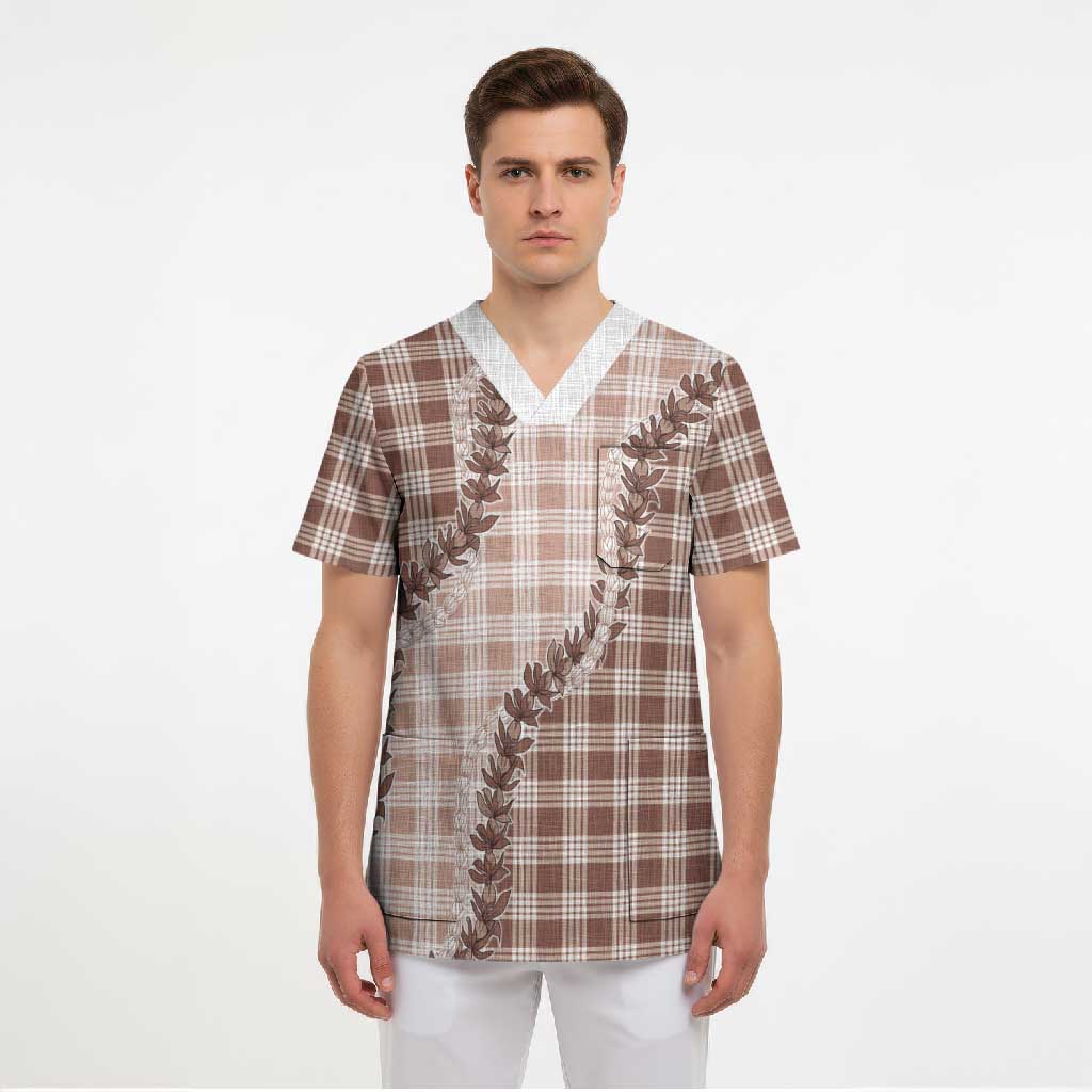 Beige Hawaii Palaka Scrub Top Hawaiian Pikake Lei