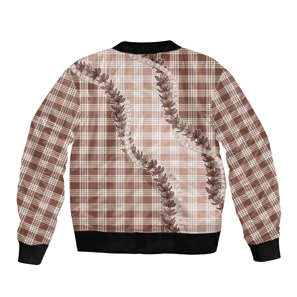 Beige Hawaii Palaka Sleeve Zip Bomber Jacket Hawaiian Pikake Lei