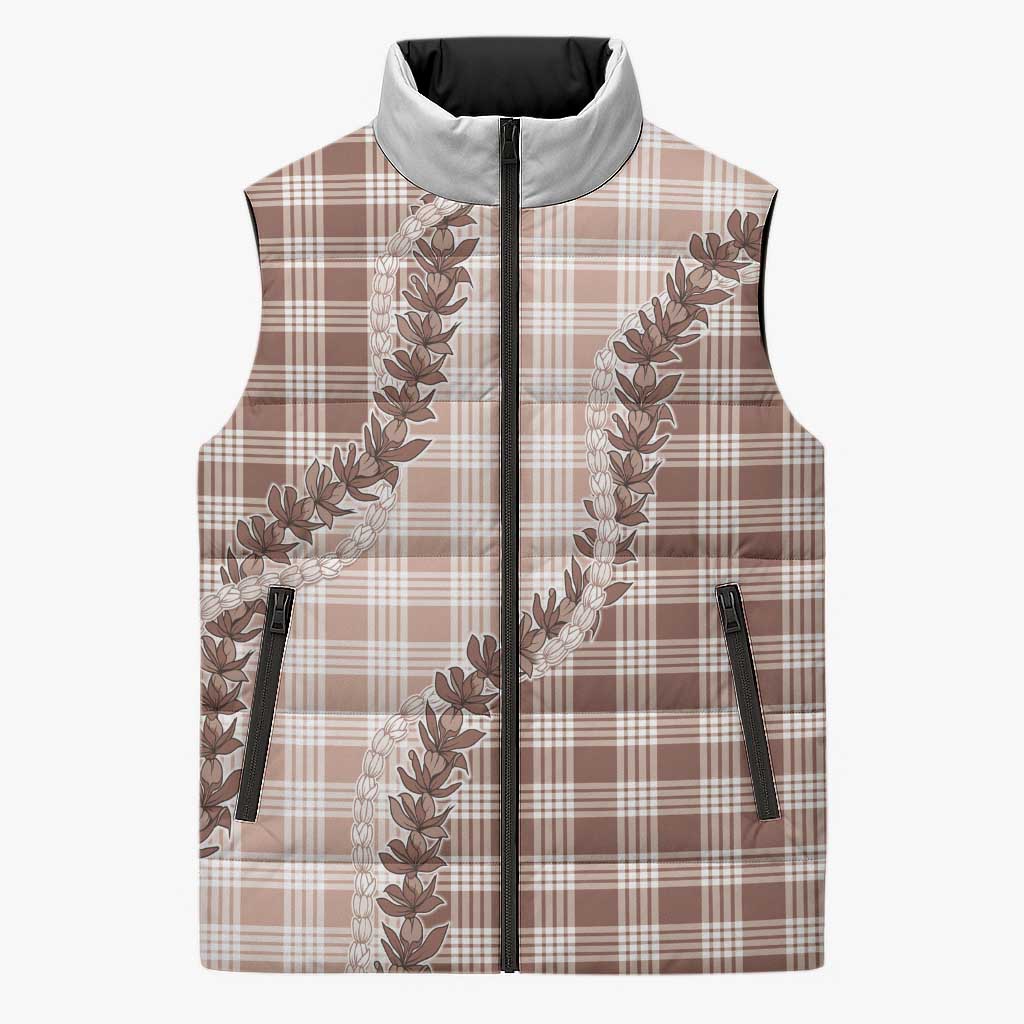 Beige Hawaii Palaka Sleeveless Puffer Jacket Hawaiian Pikake Lei