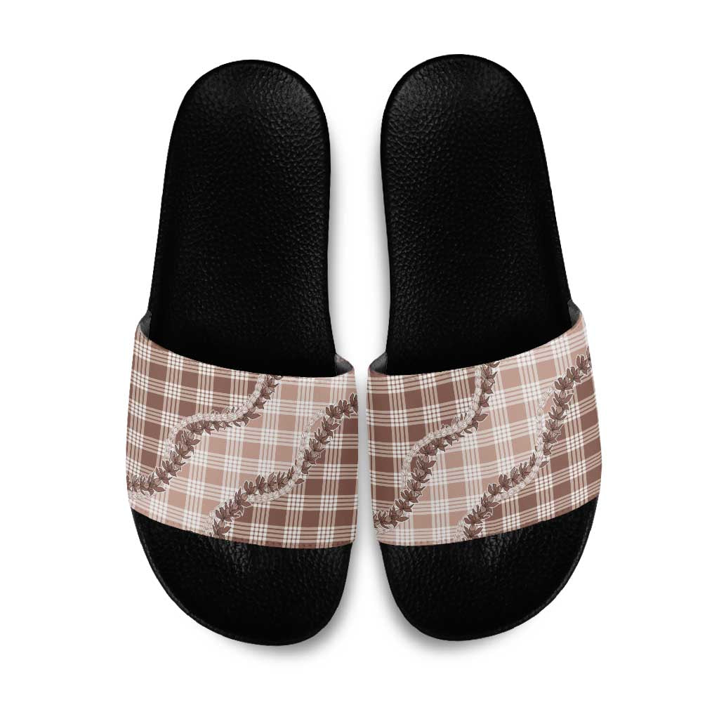 Beige Hawaii Palaka Slide Sandals Hawaiian Pikake Lei