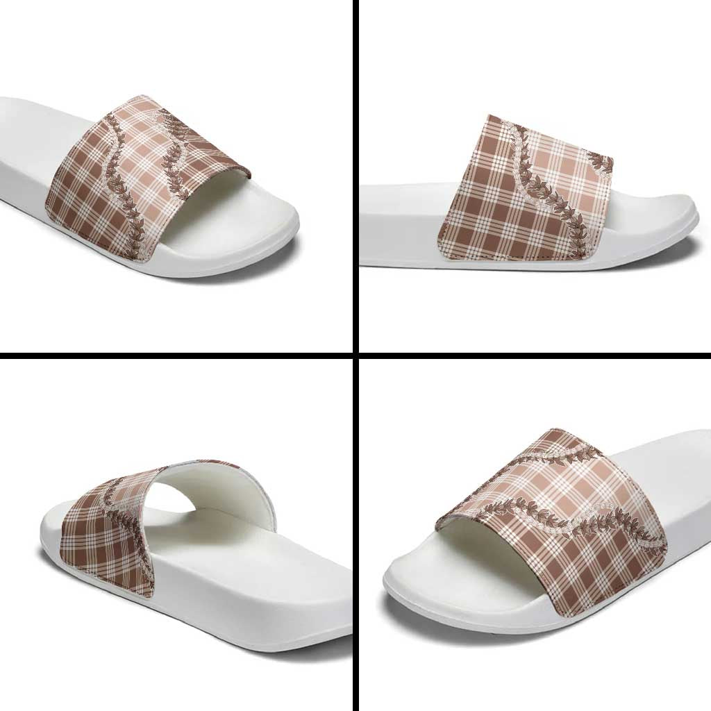 Beige Hawaii Palaka Slide Sandals Hawaiian Pikake Lei