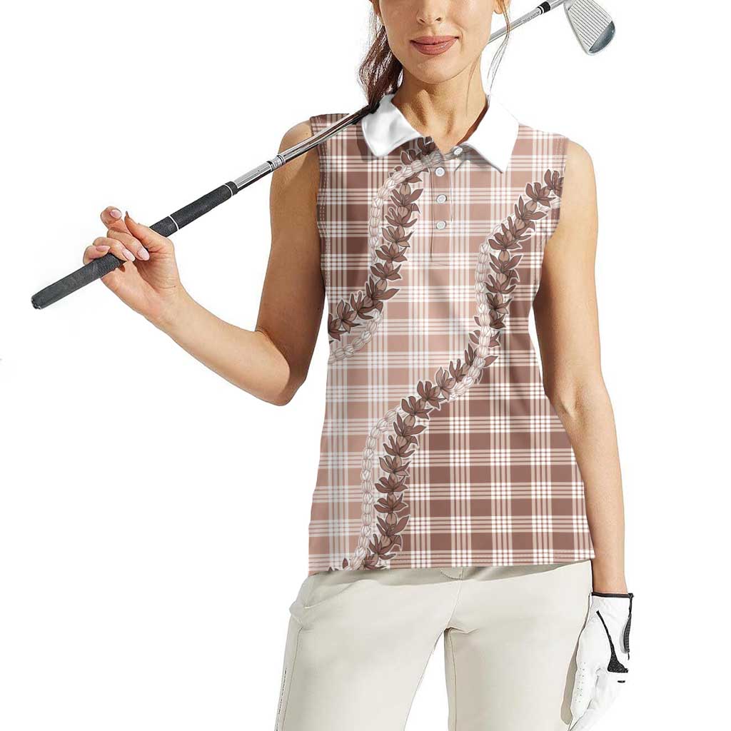 Beige Hawaii Palaka Women Sleeveless Polo Shirt Hawaiian Pikake Lei