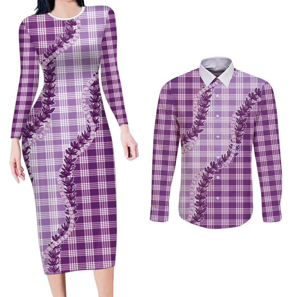 Violet Hawaii Palaka Couples Matching Long Sleeve Bodycon Dress and Long Sleeve Button Shirt Hawaiian Pikake Lei LT05 Violet - Polynesian Pride