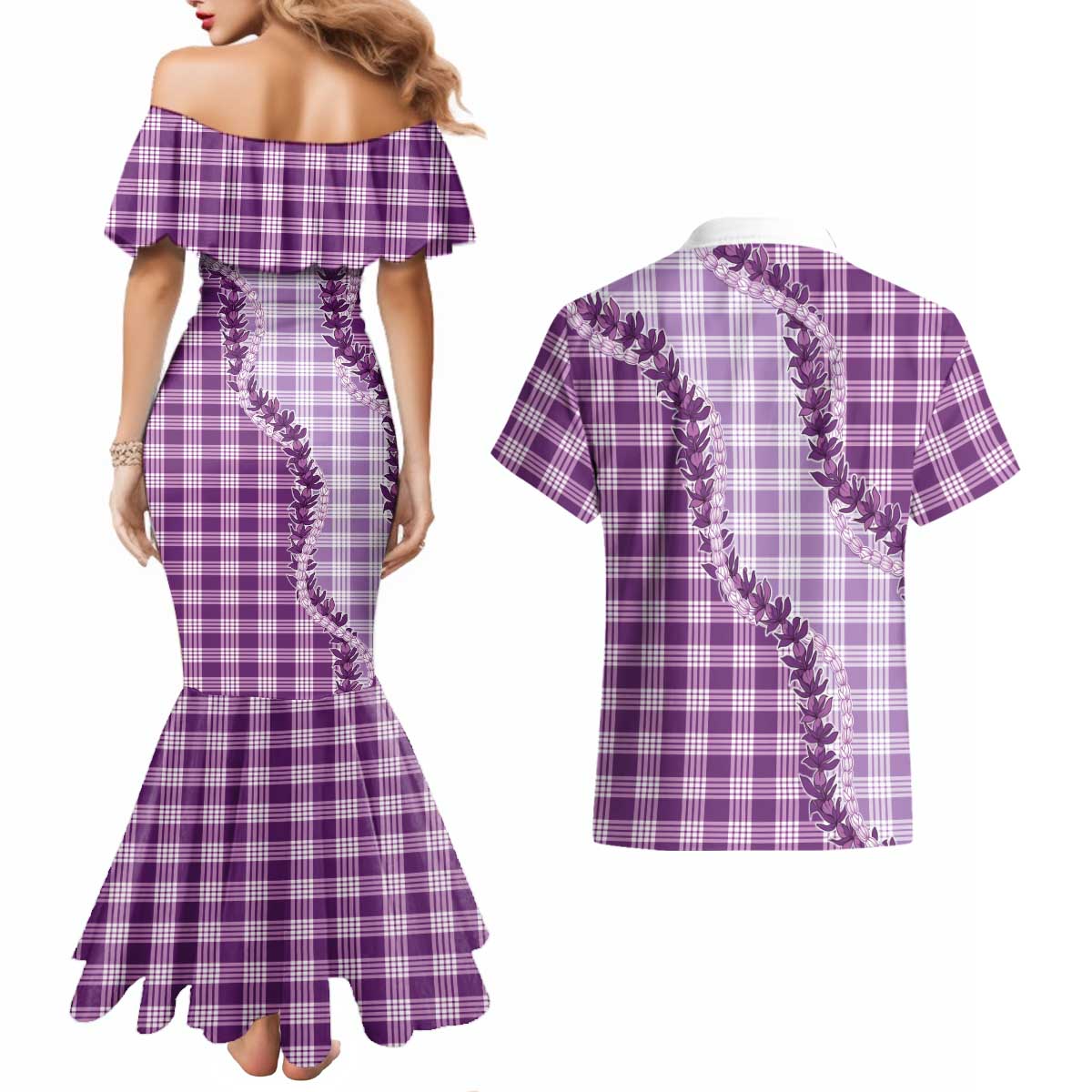 Violet Hawaii Palaka Couples Matching Mermaid Dress and Hawaiian Shirt Hawaiian Pikake Lei