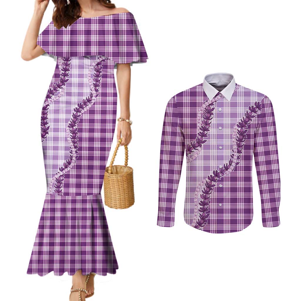 Violet Hawaii Palaka Couples Matching Mermaid Dress and Long Sleeve Button Shirt Hawaiian Pikake Lei