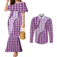 Violet Hawaii Palaka Couples Matching Mermaid Dress and Long Sleeve Button Shirt Hawaiian Pikake Lei