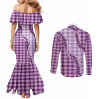 Violet Hawaii Palaka Couples Matching Mermaid Dress and Long Sleeve Button Shirt Hawaiian Pikake Lei