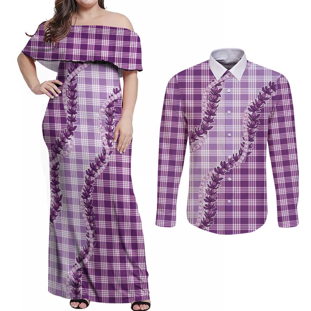 Violet Hawaii Palaka Couples Matching Off Shoulder Maxi Dress and Long Sleeve Button Shirt Hawaiian Pikake Lei LT05 Violet - Polynesian Pride