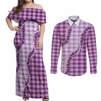 Violet Hawaii Palaka Couples Matching Off Shoulder Maxi Dress and Long Sleeve Button Shirt Hawaiian Pikake Lei LT05 Violet - Polynesian Pride