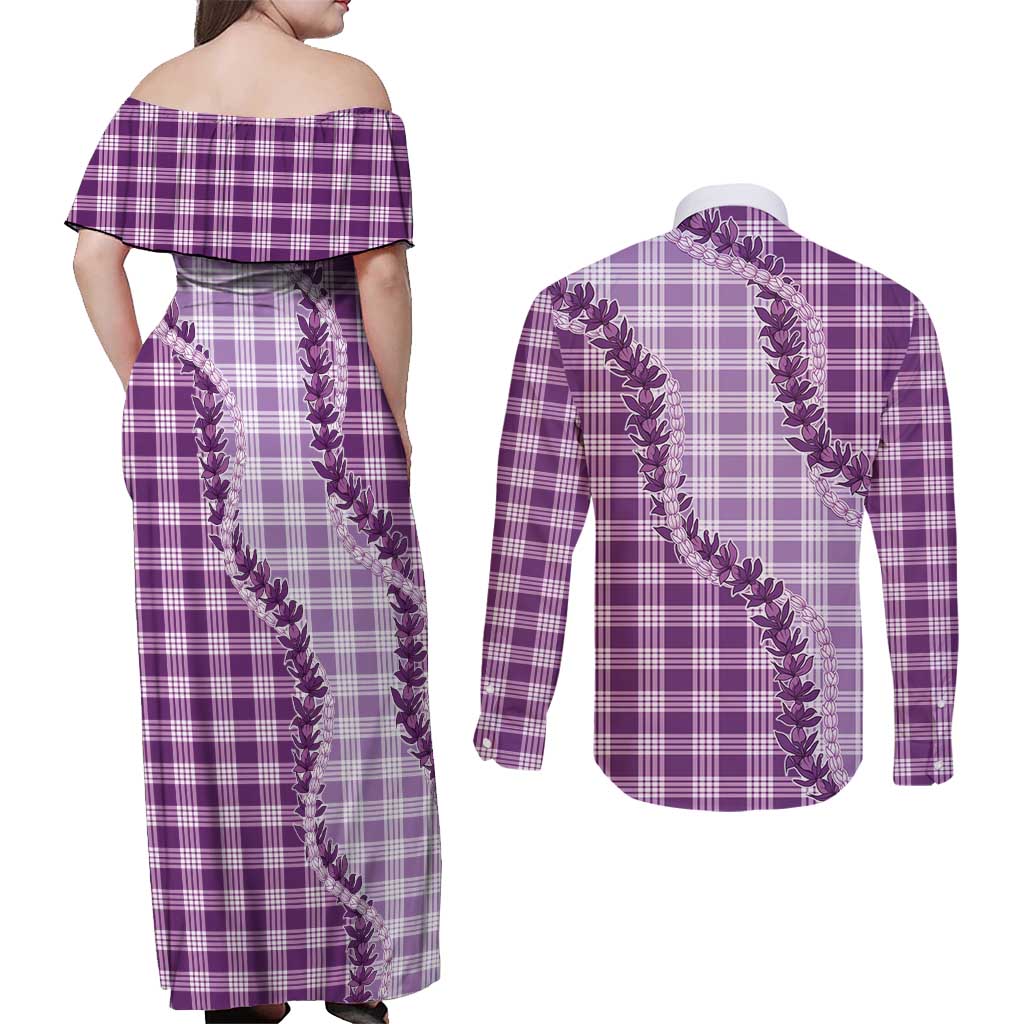 Violet Hawaii Palaka Couples Matching Off Shoulder Maxi Dress and Long Sleeve Button Shirt Hawaiian Pikake Lei LT05 - Polynesian Pride