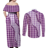 Violet Hawaii Palaka Couples Matching Off Shoulder Maxi Dress and Long Sleeve Button Shirt Hawaiian Pikake Lei LT05 - Polynesian Pride