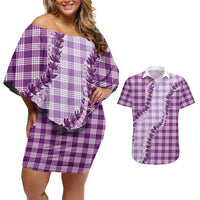 Violet Hawaii Palaka Couples Matching Off Shoulder Short Dress and Hawaiian Shirt Hawaiian Pikake Lei