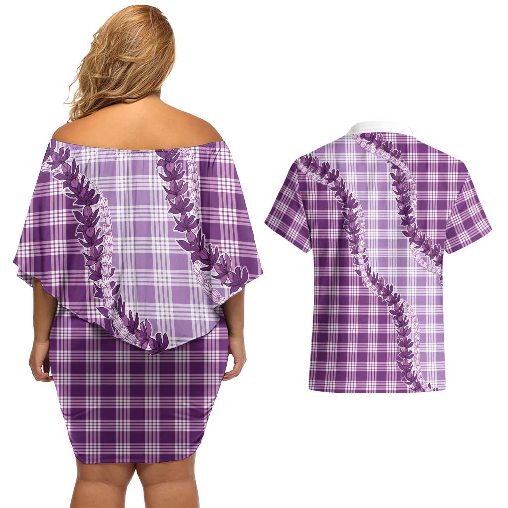 Violet Hawaii Palaka Couples Matching Off Shoulder Short Dress and Hawaiian Shirt Hawaiian Pikake Lei