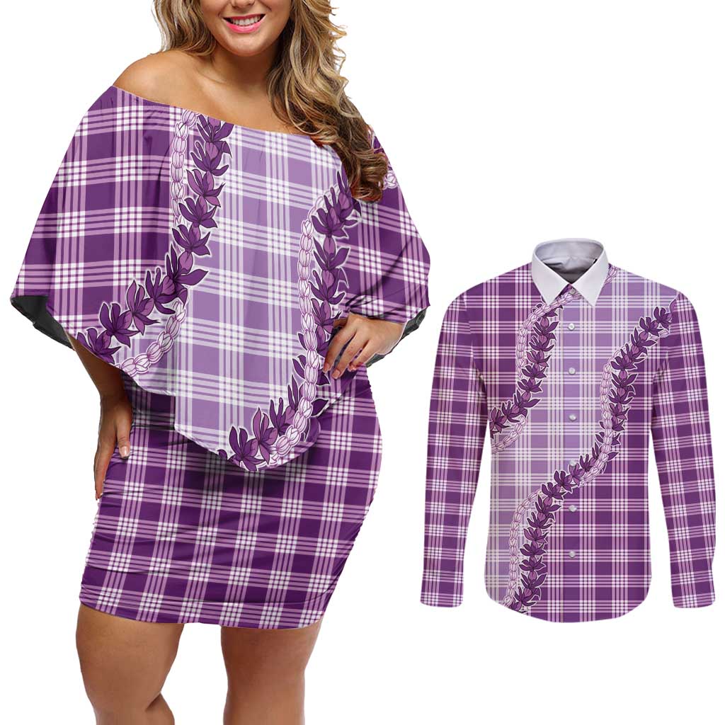 Violet Hawaii Palaka Couples Matching Off Shoulder Short Dress and Long Sleeve Button Shirt Hawaiian Pikake Lei LT05 Violet - Polynesian Pride